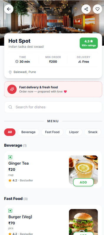 ShopVerse QR menu ordering screen for restaurants and cafés
